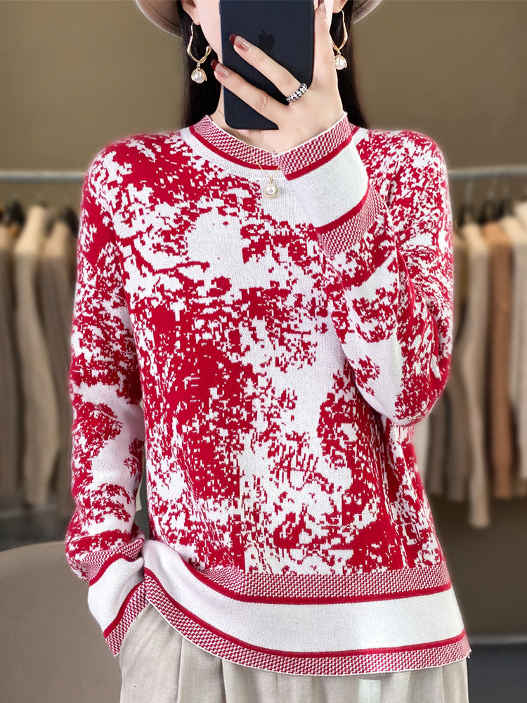 24 spring new semi-high collar women's sweater sweater ink painting pullover loose slim base shirt top women