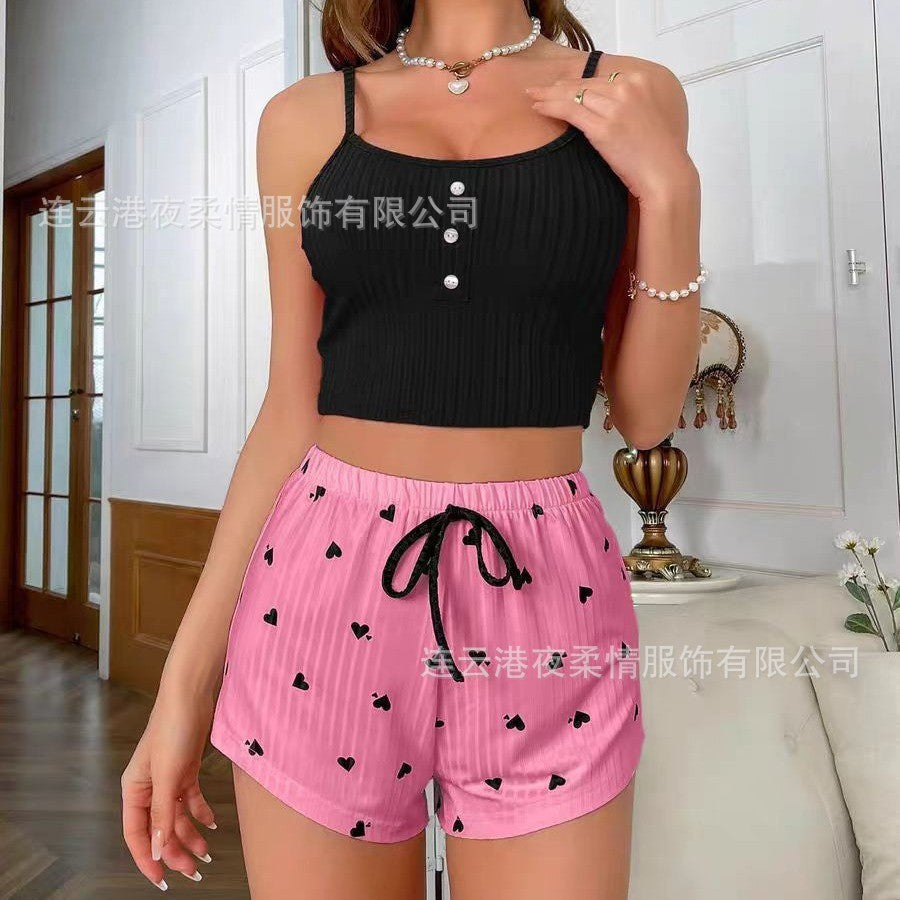 2025 New European and American Casual Suspender Shorts Pajamas Women's Home Wear Set Heart Sweet Pajamas
