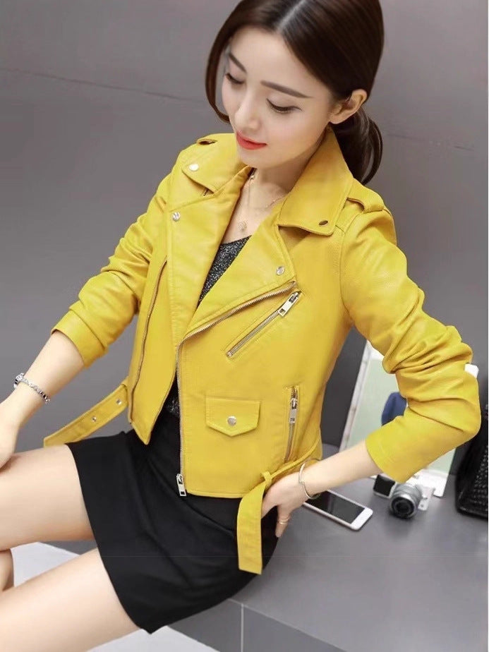Women's Short Leather Jacket for Spring and Autumn, Motorcycle Pu Leather Jacket, Slim Fit, Plus Size, Student Style, Small Lapel, European and American Style