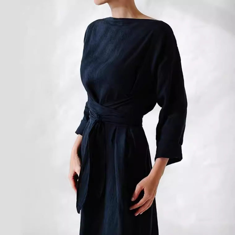new cotton and linen dress long sleeve off-neck lace-up dress