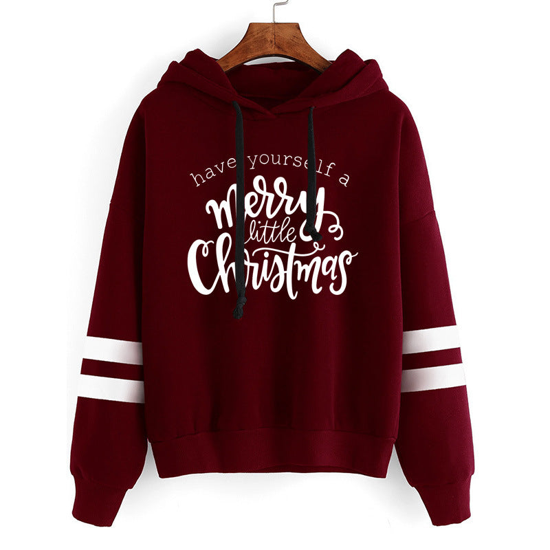 Have Yourself A Merry Happy Printed Parallel Bars Hooded Sweatshirt Autumn and Winter European and American Men's and Women's Top