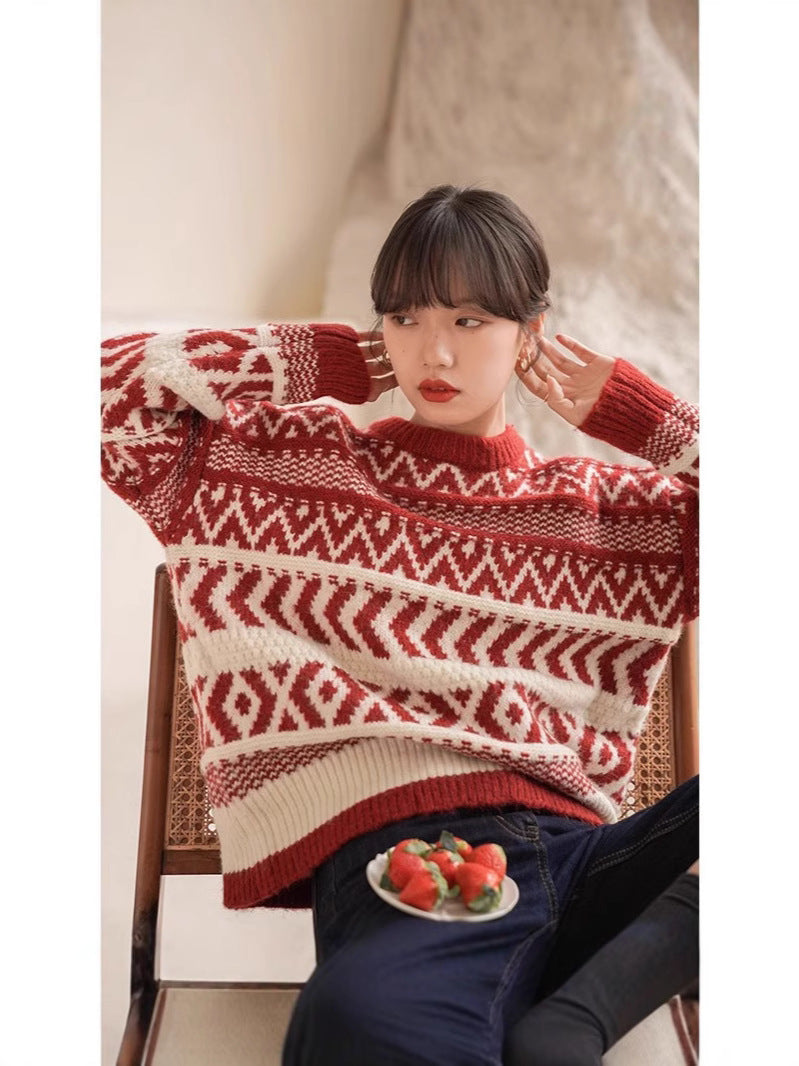 Vintage Red New Year Sweater Women's Winter Thickened Lazy Fell Island Contrast Color Knitted Sweater Design Sense Loose Outer Wear