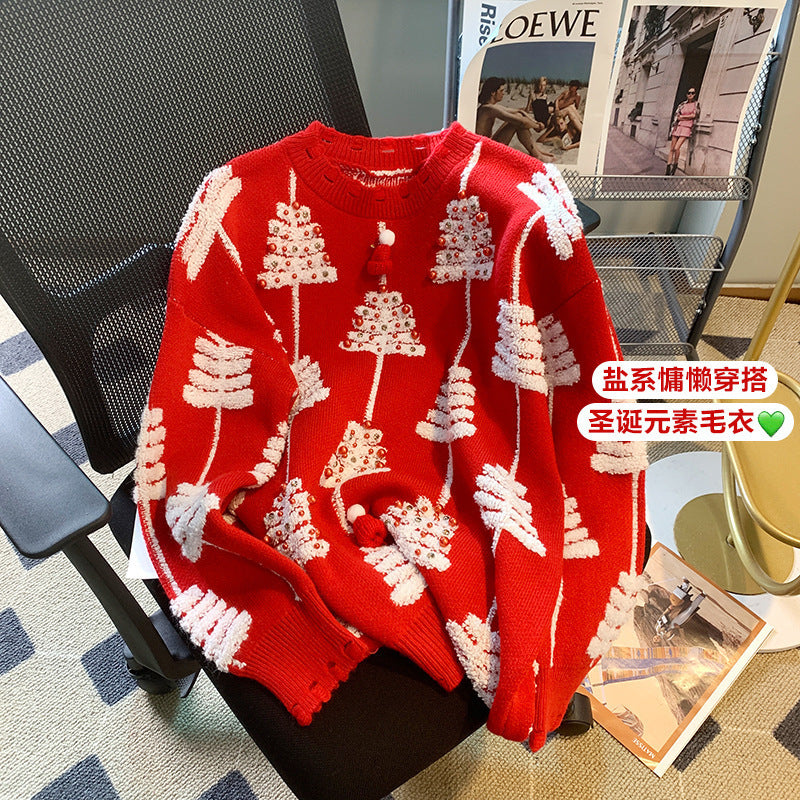 Christmas Red Sweater Women's Autumn and Winter 2024 New Style Heavy Industry Beaded Western Style Loose Pullover Contrast Color Knitted Sweater Jacket