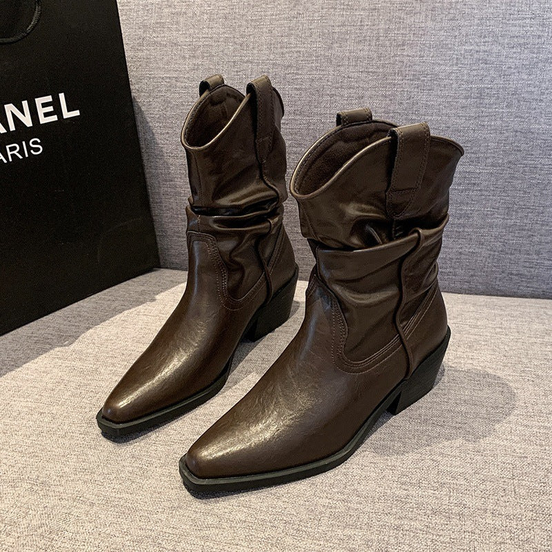 Wide-Leg Boots for Plus-Size Women with Thick Calves, Black Ruched Slouch Boots, Soft Leather Boots, Western Cowboy Riding Boots for Autumn