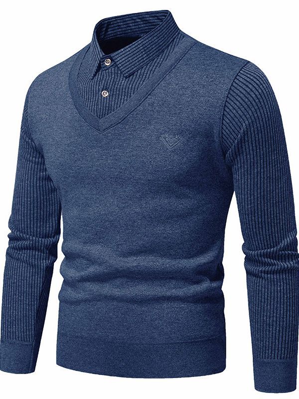 Foreign trade winter men's sweater sweater bottoming shirt fleece-lined fake two-piece shirt collar thickened warm cotton sweater men