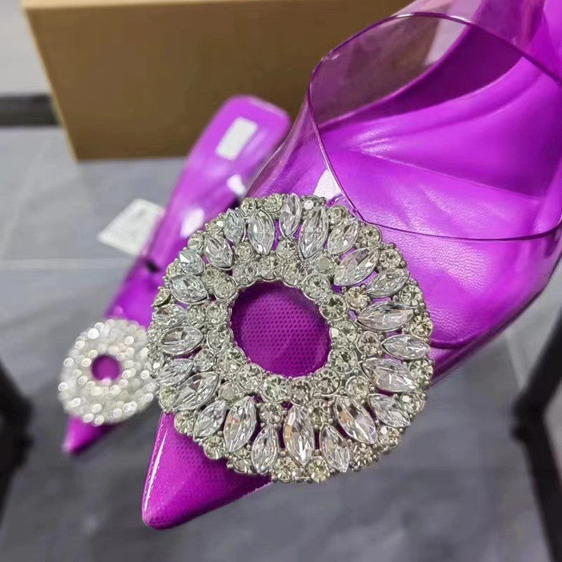 ZA High Heels 2024 Spring and Summer New PVC Fashion All-match Sandals Rhinestone Square Buckle Pointed French Temperament Single Shoes