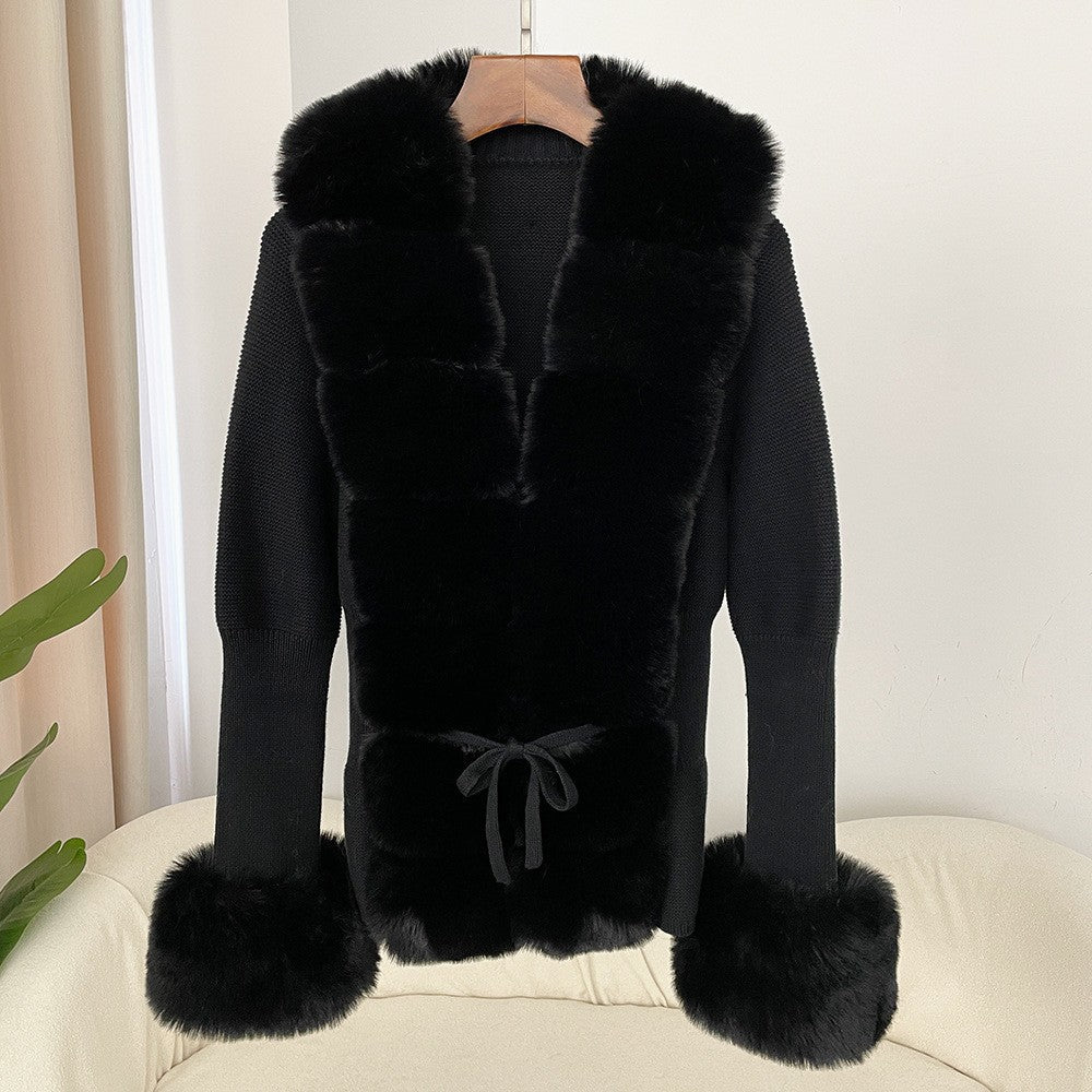Women's Knitted Sweater 25 Spring Knitted Cardigan Imitation Fox Fur Coat Women's New Style Short Sweater Women