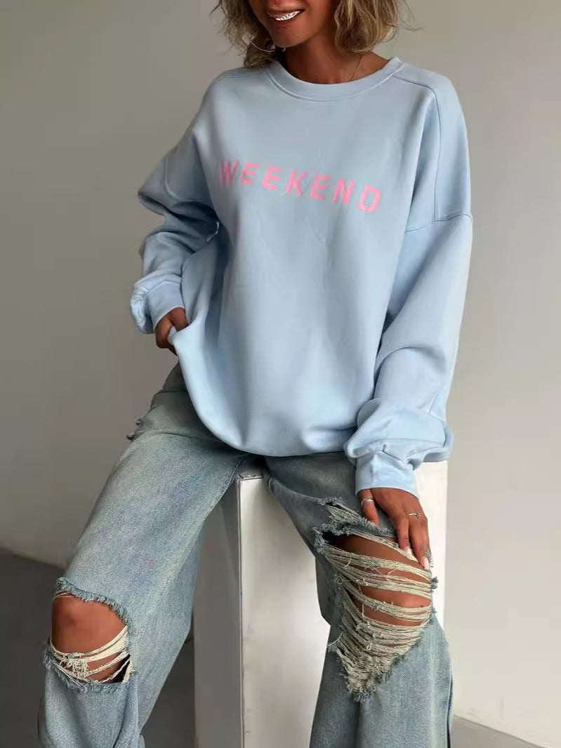 Amazon Cross-Border European and American Women's Casual Printed Thick Versatile Long-Sleeve Sweatshirt Mid-Length Winter Style