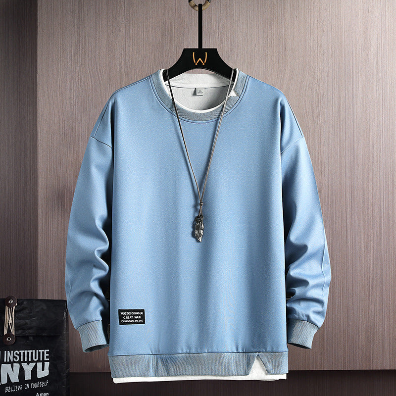 Fake Two-piece Stitching Heavy Round Neck Sweaters Men's Autumn and Winter Fashionable Ins All-match Long-sleeved T-shirt Top Men