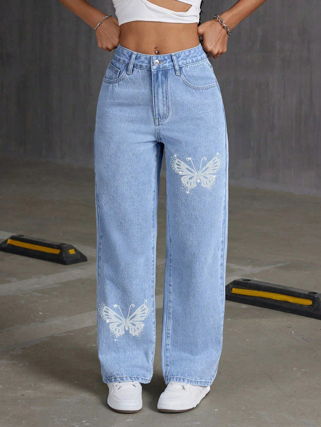 Womanjeans Cross-Border Y2K Rhinestone Butterfly Jeans Spring and Autumn Straight Slim Long Pants for Women with Rhinestone Decoration