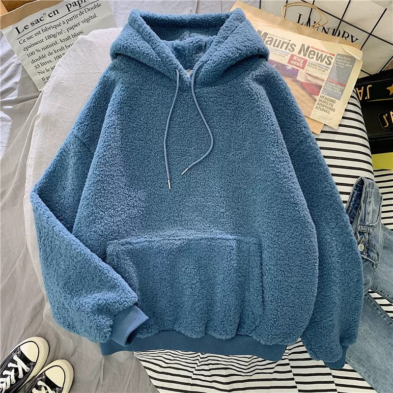 Cross-border Lambskin Sweater Women's Korean-style Fashionable Student Loose Bf Style Autumn and Winter fleece-lined Thickened Hoodie Top Coat