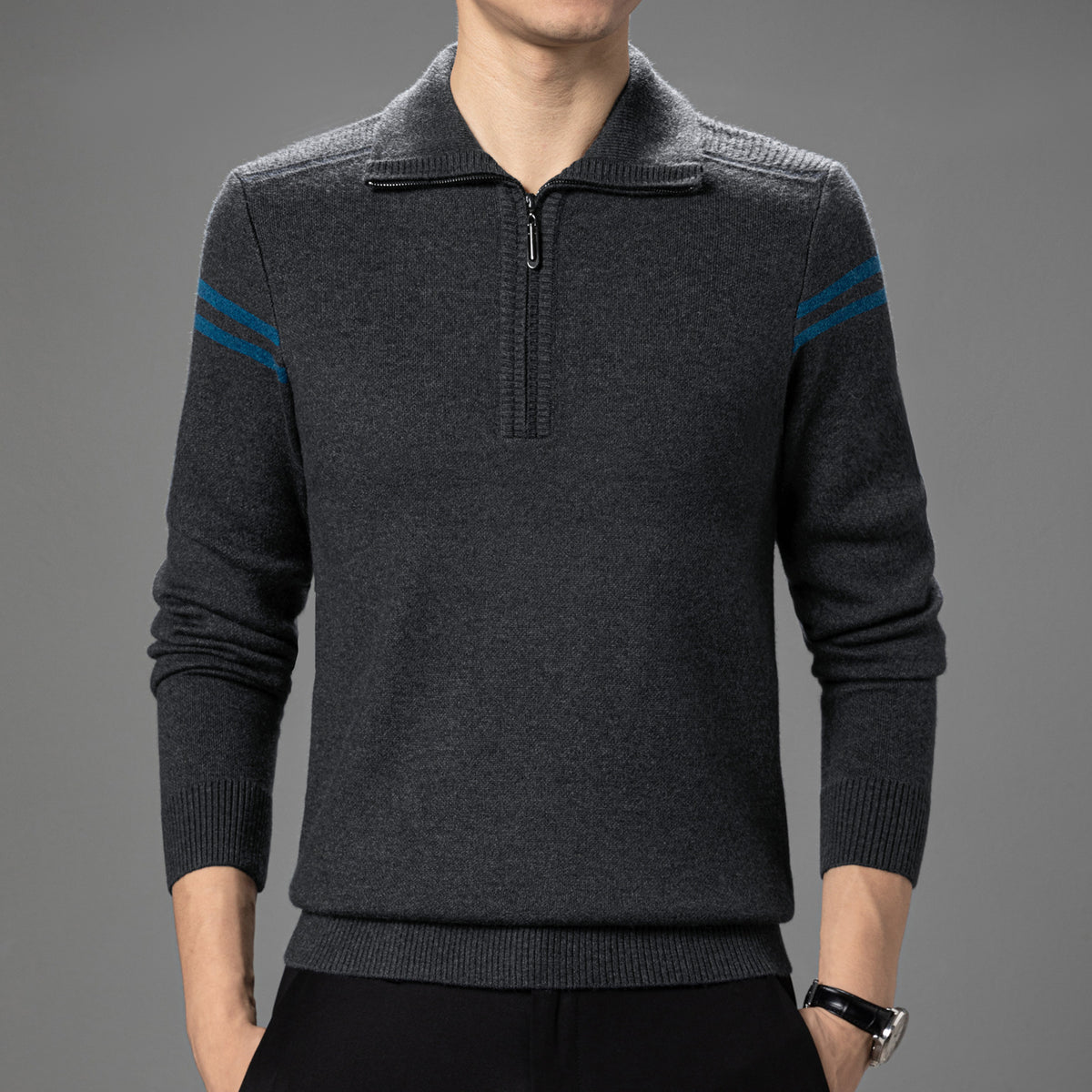 Half-Zip Knit Sweater for Men, Autumn and Winter Style, Men's Sweater for Middle-Aged Dads, Long-Sleeve Pullover, Solid Color Base Layer