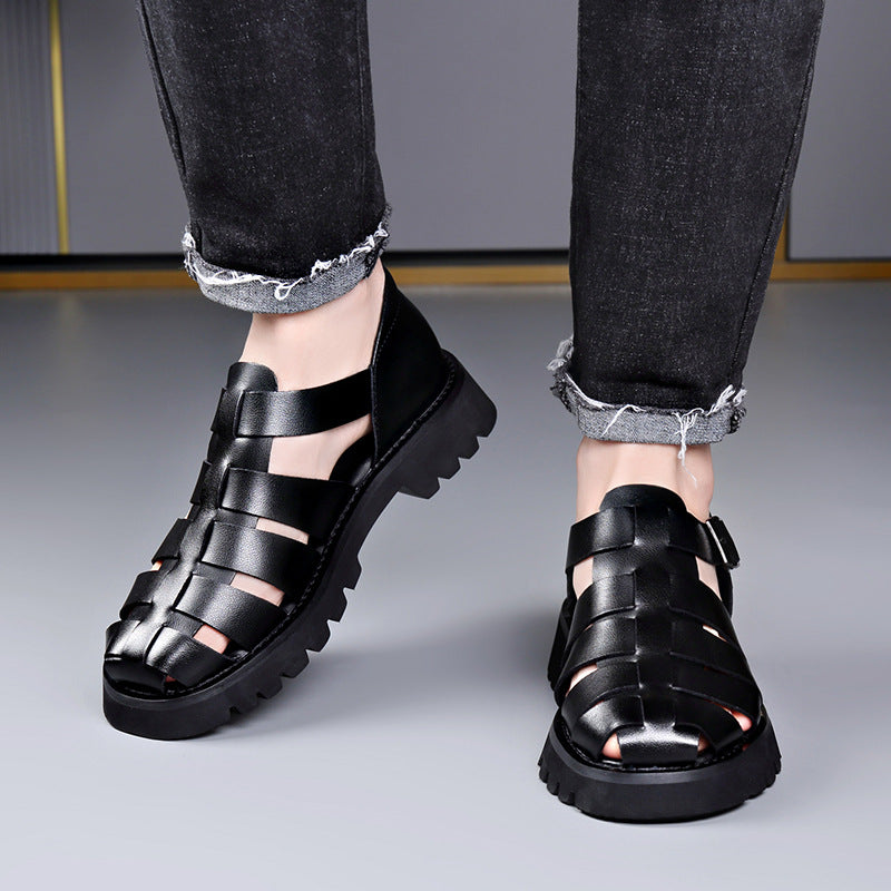 Men's Sandals 2024 Summer New Style Breathable plus size Thick Sole Height Increasing Hollow Hole Shoes Baotou Roman Shoes