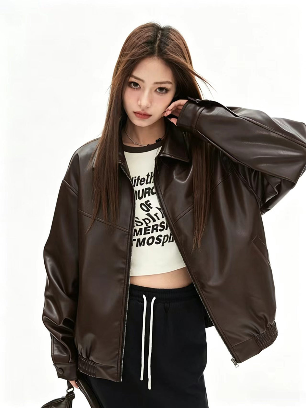 Foreign Trade Wholesale Autumn and Winter New Women's Clothing High-End Style Lapel Long-Sleeved Zipper Faux Leather Casual Jacket