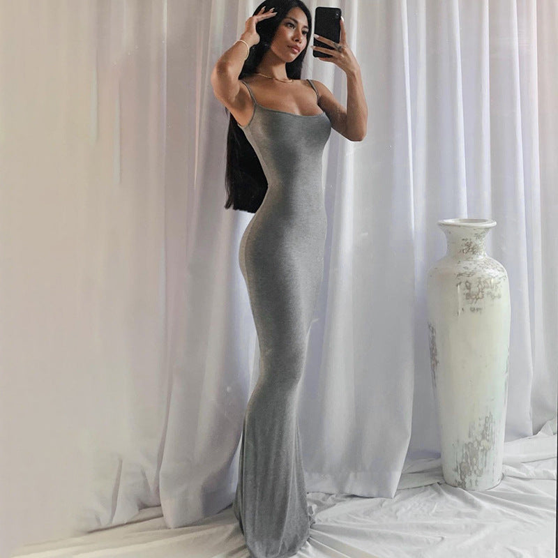 Sling dress European and American Women's High-end Sense Pure Desire Hip Skirt Sexy Slim-fit Milk Silk Long Fishtail Skirt