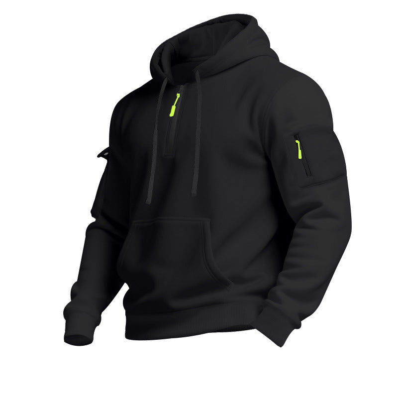 Casual Pullover Sweatshirt with Multiple Zipper Arm Pockets for Autumn and Winter, Large Size, Fleece-Lined Hoodie for Men