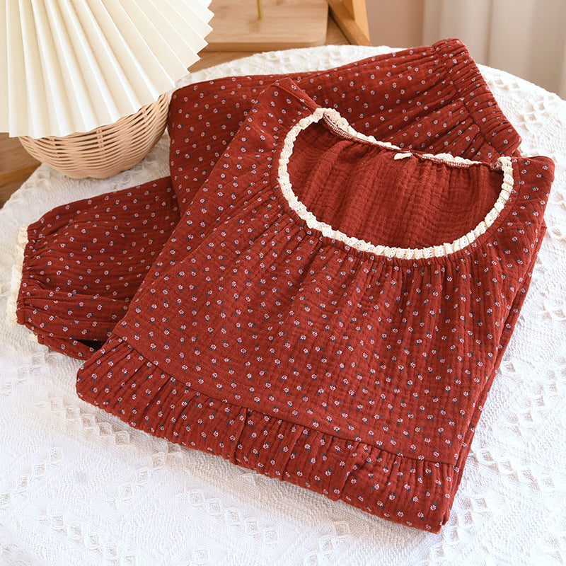 Red Floral Pajamas Women's Spring and Summer Pure Cotton Gauze Double-Layer Thin Long-Sleeved Home Clothes suit