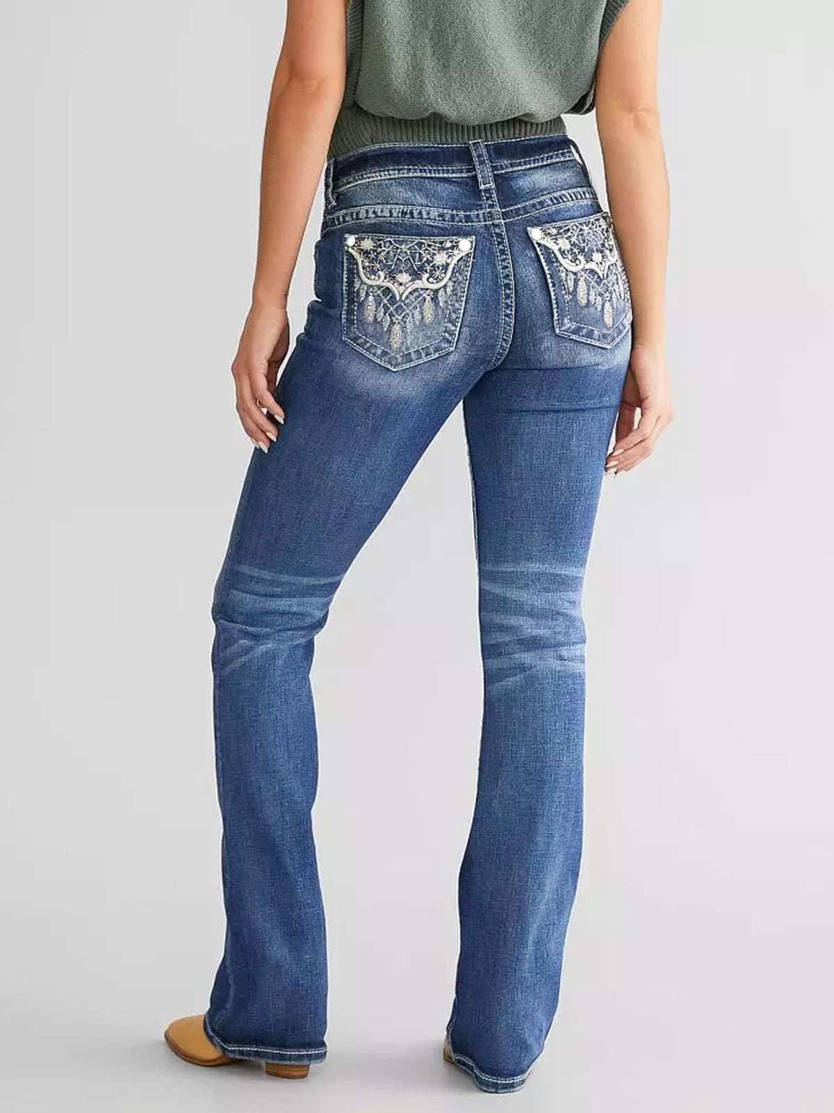 New Style Women's Embroidered Denim Bootcut Trousers, Fashionable and Elegant Denim Trousers