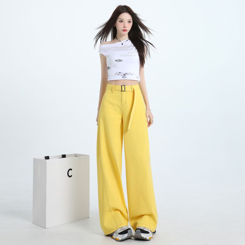 Belt Design Fashionable Wide-Leg Jeans for Women 2025 Summer and Autumn New High-Waist Slim Straight Casual Pants for Women