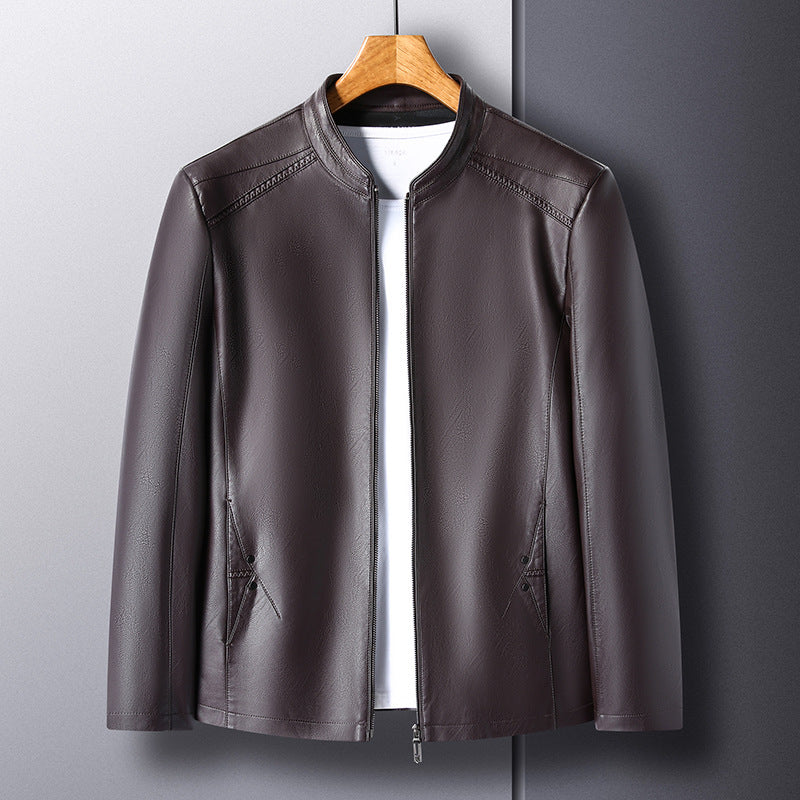 Men's Leather Jacket Men's 2025 Autum New Middle-Aged Fashion Business Stand Collar Fleece-Lined Casual Men's Leather Jacket Jacket