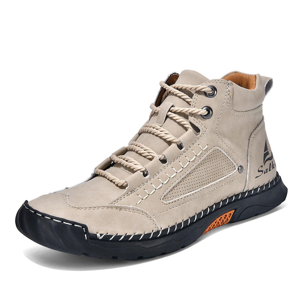 Cross-Border Plus-Size Men's Pu Leather Boots, Men's Fashion Handmade Stitched Ankle Boots, Flat Lace-Up Casual Shoes