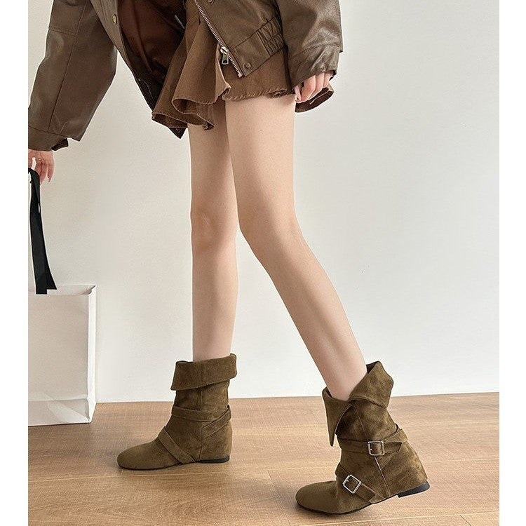 2025 Autumn and Winter New Fashion Versatile Korean Slim Leg Boots Western Boots Suede Leather Short Boots Women's Cowboy Boots