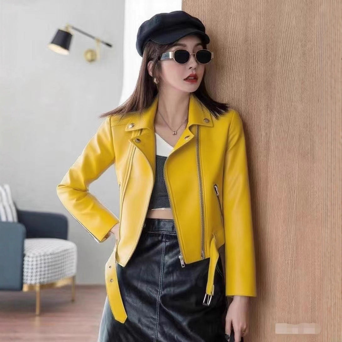 2025 Spring and Autumn New Yellow Women's Leather Jacket Large Size Women's Jacket Short Women's Leather Jacket Motorcycle Wholesale