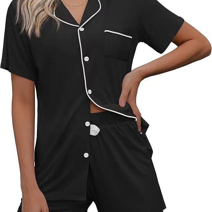 European and American Women's Cross-Border Pajamas Set Short-Sleeved Pajamas Cardigan Button-Style Pajamas Two-Piece Set Source Factory Cool