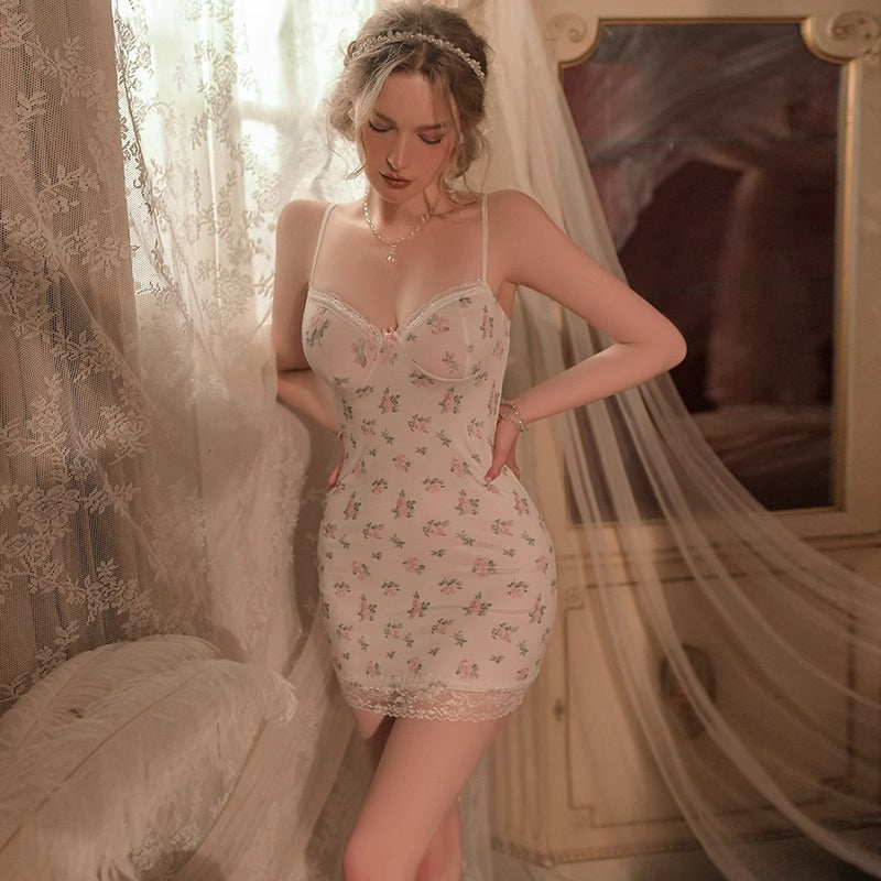 Sexy Pajamas for Women 2025 New Summer Pure Lust Style High-End Women's Floral Suspender Nightgown with Breast Pads
