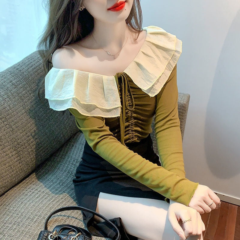 Pure Desire Hot Girl One-Shoulder Long Sleeve T-Shirt for Women 2024 Autumn New Style with Unique Ruffle Design Short Top