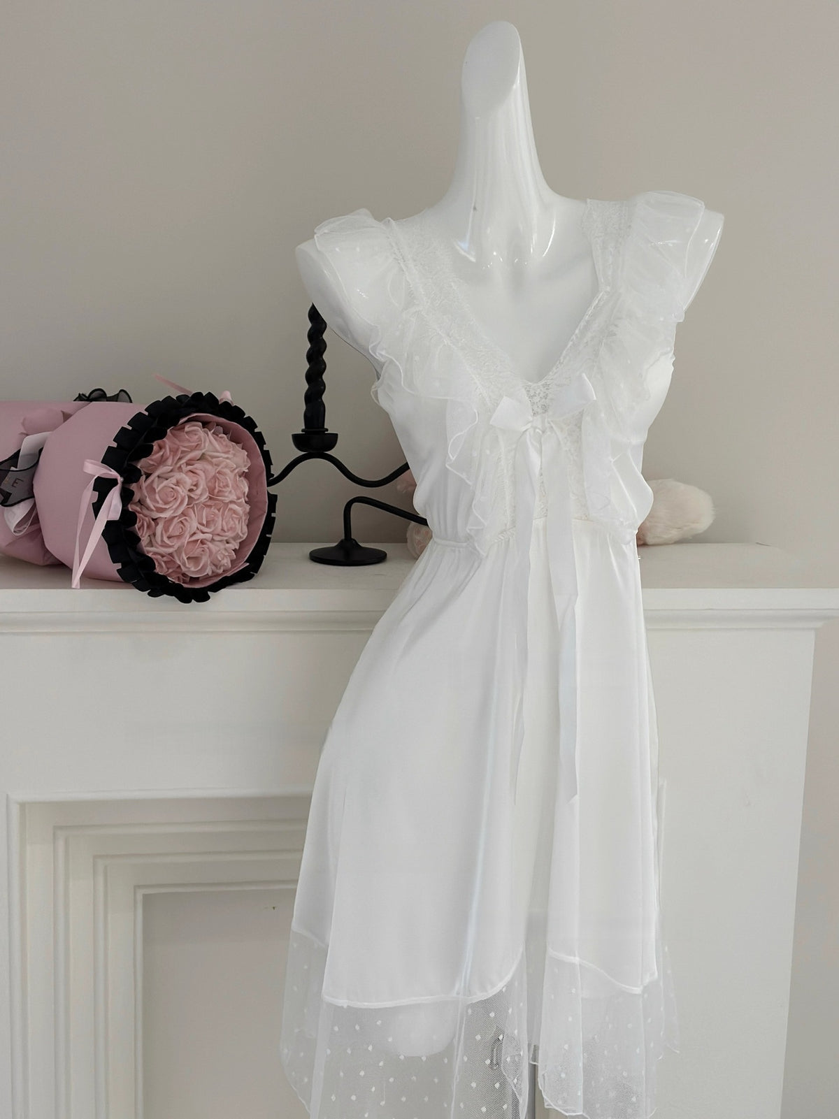 Purely Sensual Silky Slip Nightgown with Sexy Backless Lace Bow, Polka Dot Sleep Dress with a High-End Feel, Loungewear
