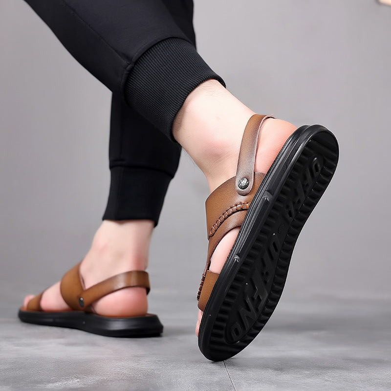 2025 Men's Sandals Genuine Leather Summer Beach Shoes Sandals Dual-Purpose New Trendy Soft Sole Men's Shoes Casual Non-Slip Shoes