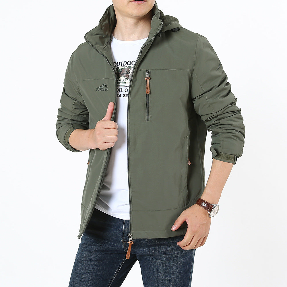 Men's Autumn and Winter Jacket Hooded Business Casual Velvet Thickened Top Waterproof Young and Middle-Aged Hooded Windbreaker Jacket