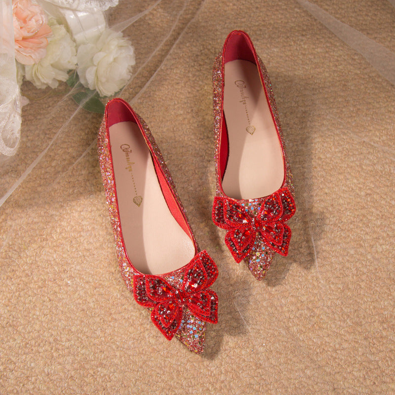 Crystal High Heels Women's Thick Heel French Style Elegant Bow plus size Rhinestone Sequin Single-layer Shoes Bridesmaid Shoes Xiuhe Wedding Shoes