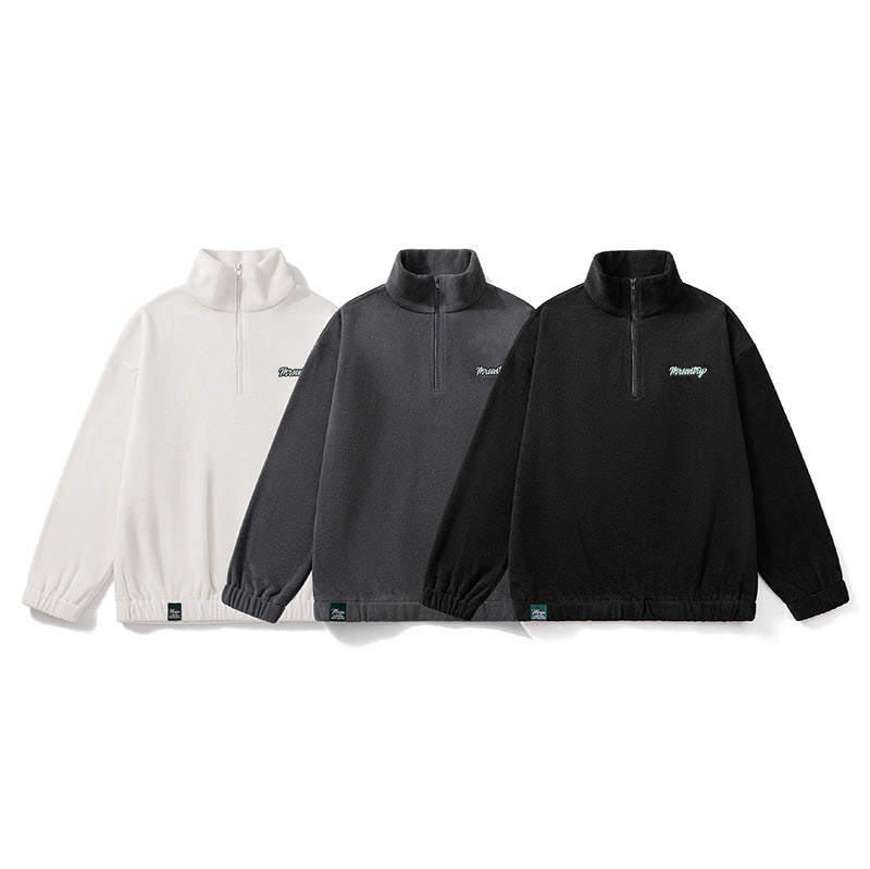 suit autumn and winter sweater men's stand collar half zipper fleece-lined American fashion brand loose casual men's top