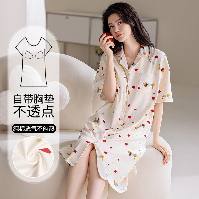 Pajamas for Women, Summer Pure Cotton Short-Sleeved Nightgown, Cardigan, Casual Loose, Large Size Mid-Length Skirt with Breast Pads, Can Be Worn Outside