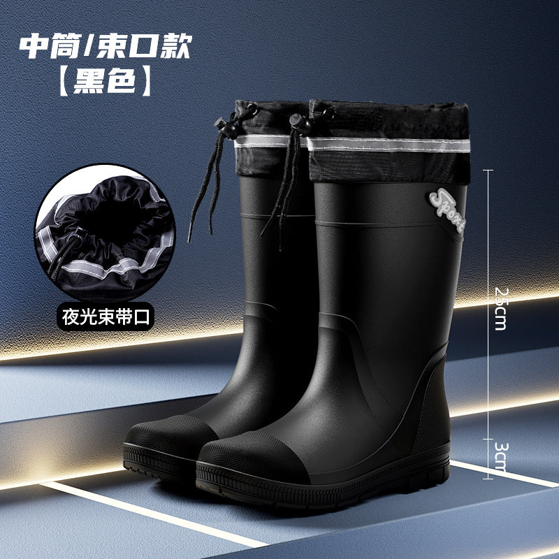 Bundle High-bark Men's Rain Boots Trendy Cool Men's Mid-high Rain Boots Climbing Patrol Waterproof Shoes Non-slip Rubber Shoes Men's Water Boots