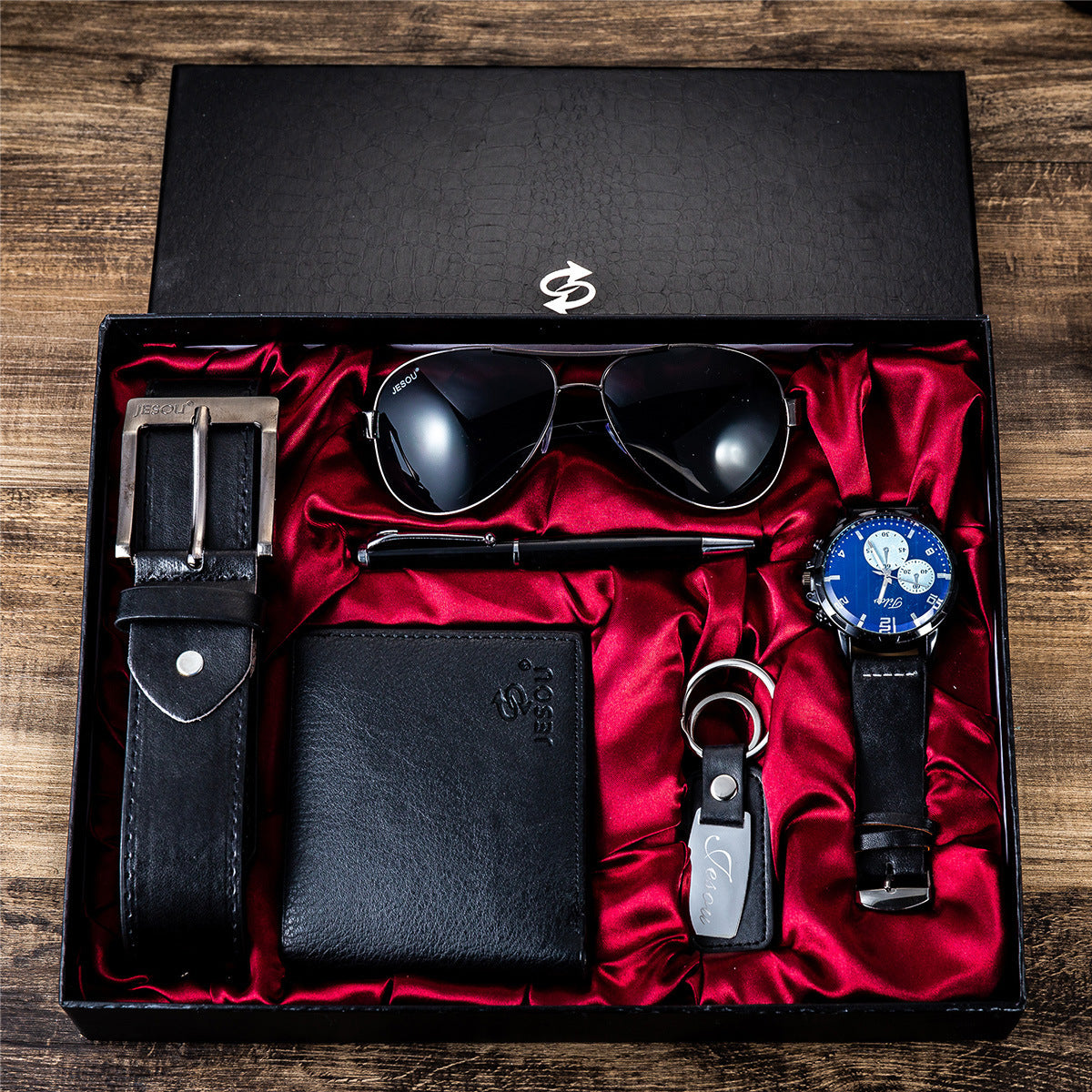 A04988 Men's Watch Belt suit Glasses Belt Wallet Keychain Large Dial Quartz Watch Gift