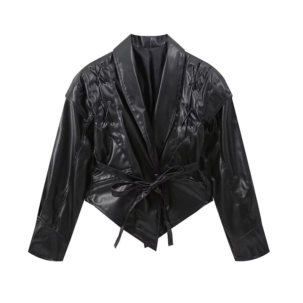 Cross-Border Aliexpress European and American Style Hot Style 2024 New Women's Clothing 4-Color Motorcycle Style Pure Color Strappy Waist Leather Jacket