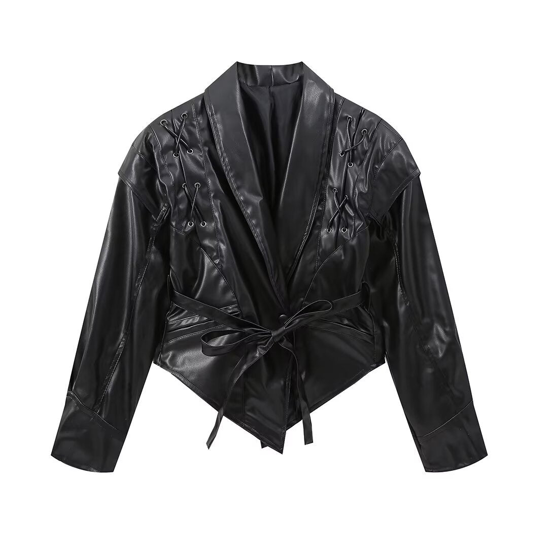Cross-Border Aliexpress European and American Style Hot Style 2024 New Women's Clothing 4-Color Motorcycle Style Pure Color Strappy Waist Leather Jacket