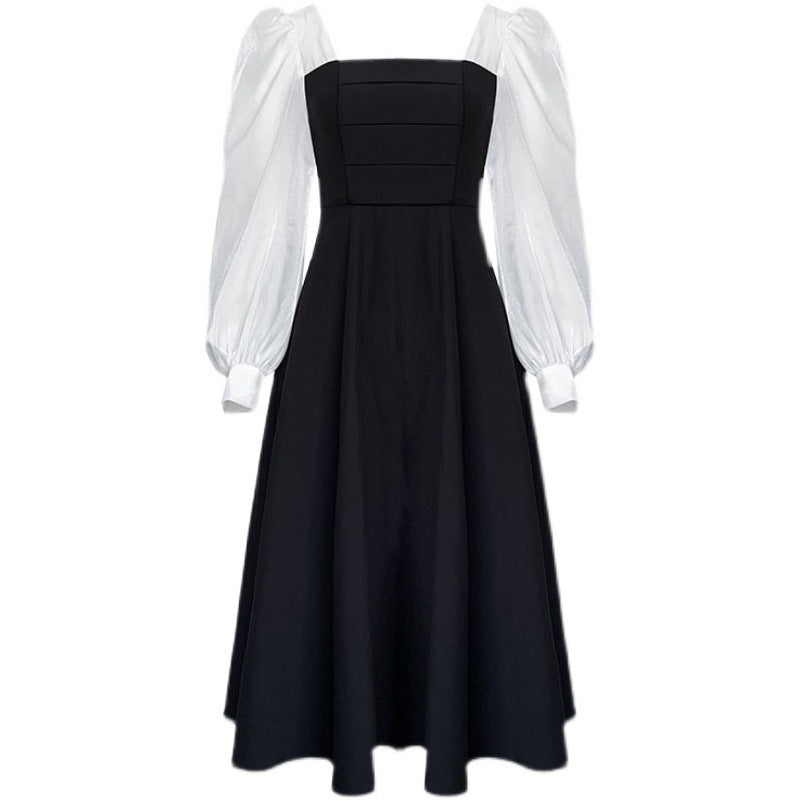 Long-sleeved Black Fried Street Hao Benfeng dress Women's New Spring and Autumn Stitching Square Collar French Skirt Vintage A- line Skirt