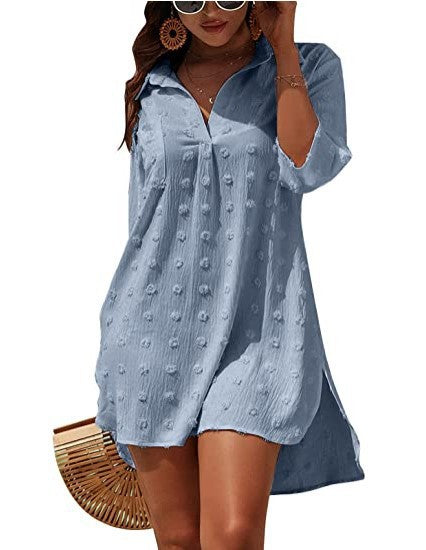 2024 Jacquard Loose Casual Blouse with Irregular Mid-Length Sleeves Women's V-Neck Loose Fit Shirt