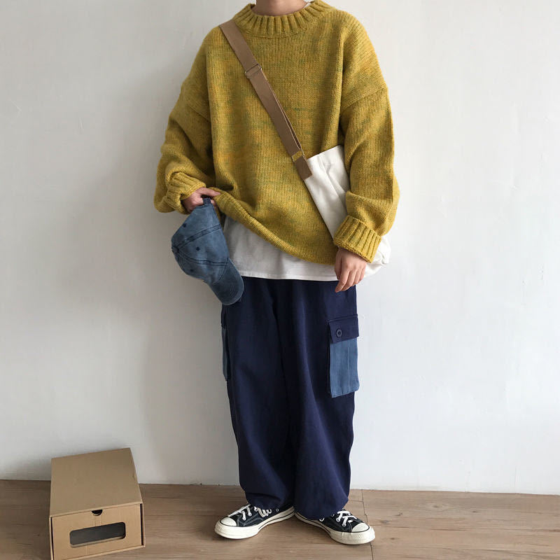 Autumn and Winter Couple Sweater Men's and Women's Japanese Style Vintage Solid Color Loose Crewneck Pullover Sweater Lazy Style Knitted Sweater