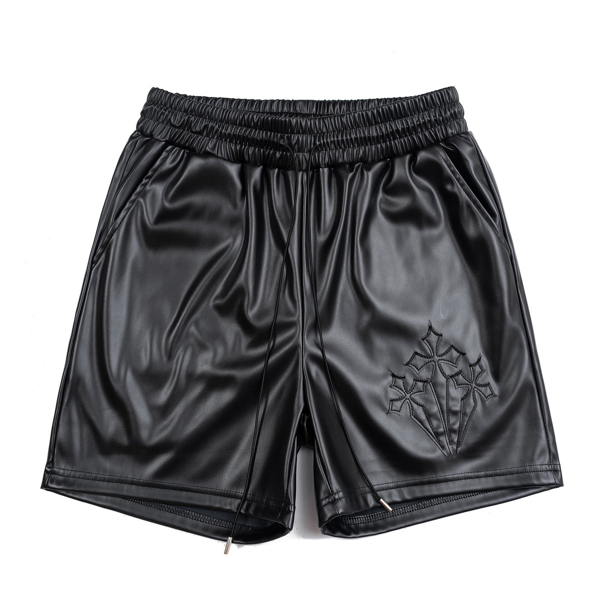 300g Eco-friendly PU Leather American Style Vintage Men's Foil Leather Embroidered Leather Shorts Loose Casual All-match Fashion Leather Pants