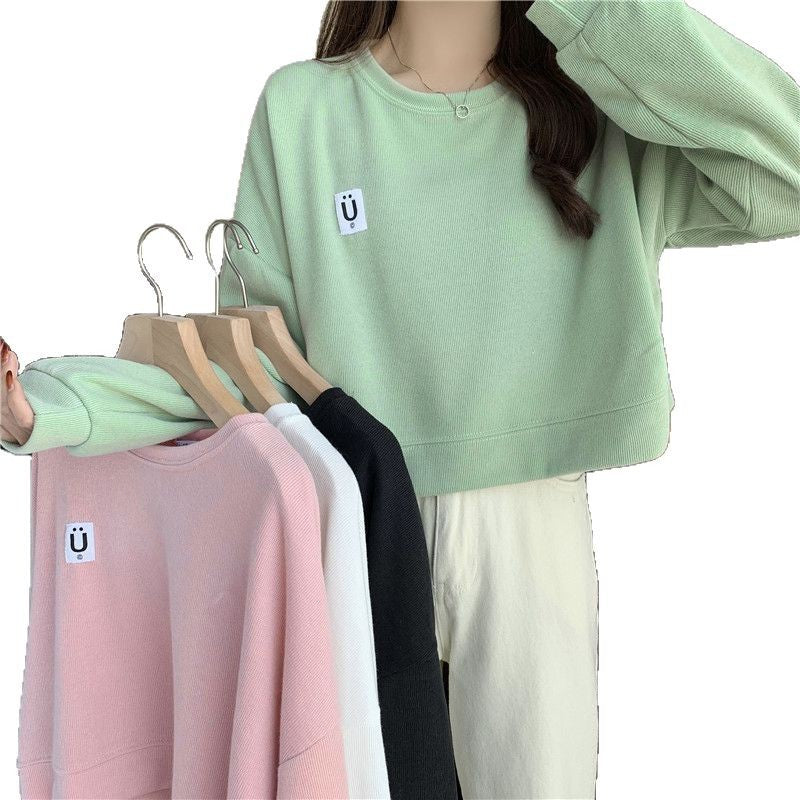 Short Sweatshirt for Women, Spring and Autumn Thin Style, 2025 New Korean Version, Loose Fit, Versatile for Students, Hong Kong Style Chic, Hoodless Top
