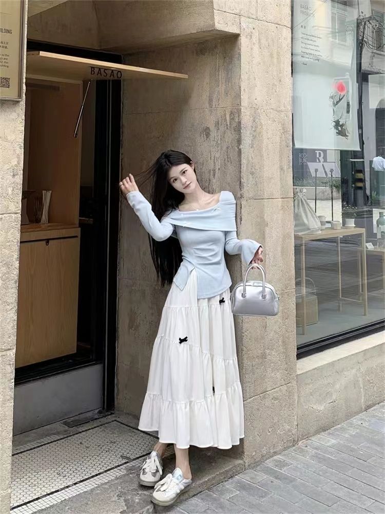 Spring and Autumn French-Style Girl's Unique Design Niche Top, Base Shirt with Bow, Korean-Style Half Skirt 2025 Set