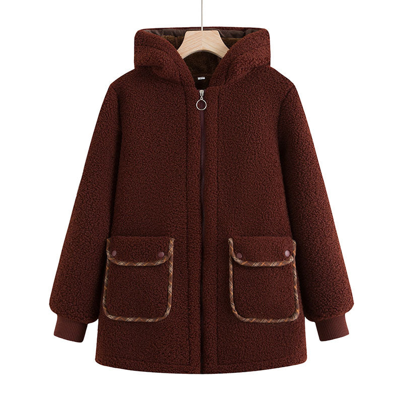 Middle-aged and Elderly Women's fleece-lined Cotton-padded Jacket Grandma Thickened Cotton-padded Jacket Women's Hooded Grain Velvet Warm Cotton-padded Jacket