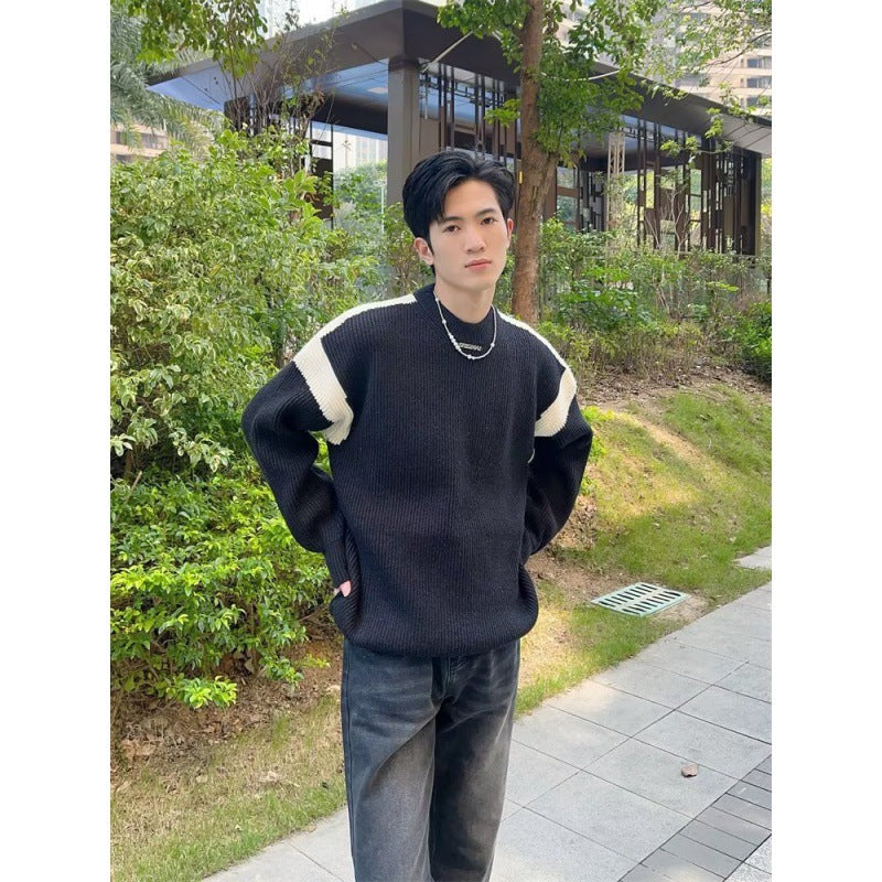 Contrast color sweater men's autumn and winter New round neck long sleeve sweater fashionable inner bottoming sweater fashionable one-piece delivery