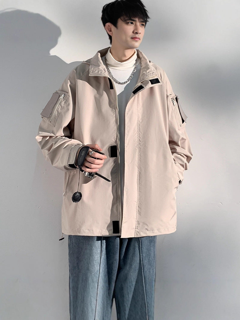 2025 Spring and Autumn New Hong Kong Style Live Broadcast Fake Two-Piece Jacket Men's Trendy Handsome Ins Hooded Windbreaker Jacket Men