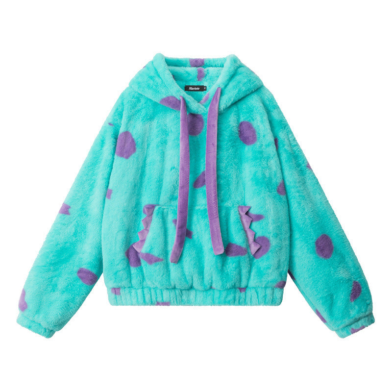 Heyhenry2025 Autumn and Winter European and American Fun Funny Cute Dinosaur Monster Polar Fleece Warm Sweatshirt for Women